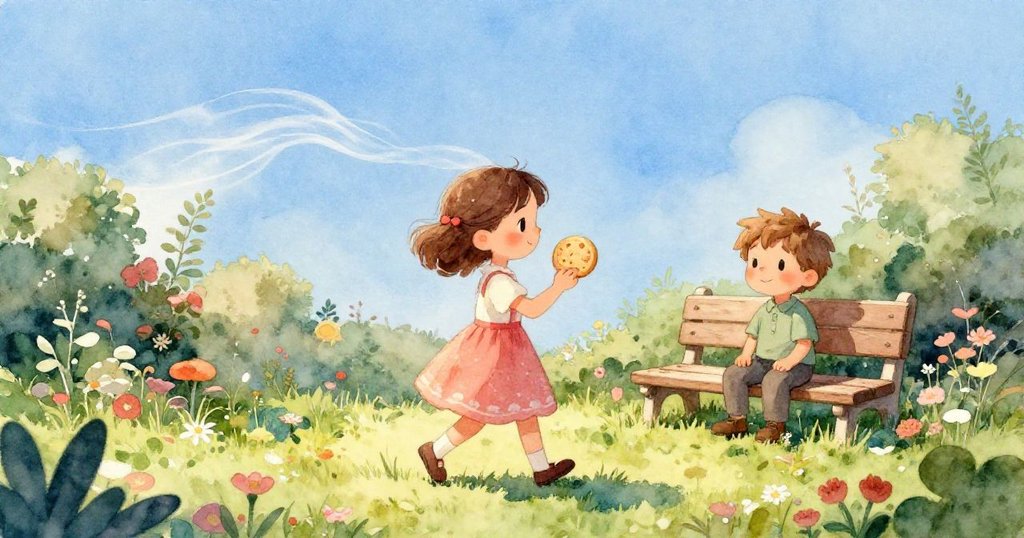 Mia輕握著圓形甜餅，細節清晰呈現餅乾質感與溫馨光線，展現故事中重要物件的魅力。