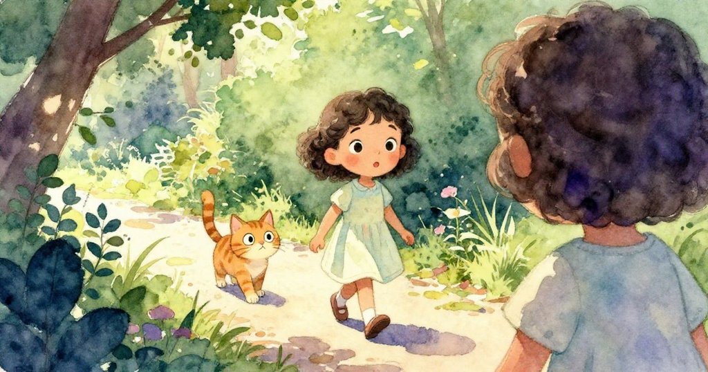 從Mia背後望向陽光花園小徑，葉子搖曳中好奇貓咪逼近，呈現探索與互動的故事發展。