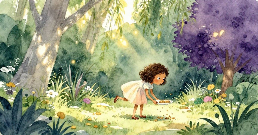 花園裡高大樹葉隨風搖曳，Mia彎腰穩定盤子，餅乾碎屑輕灑，呈現故事高潮的自然動感與溫柔。