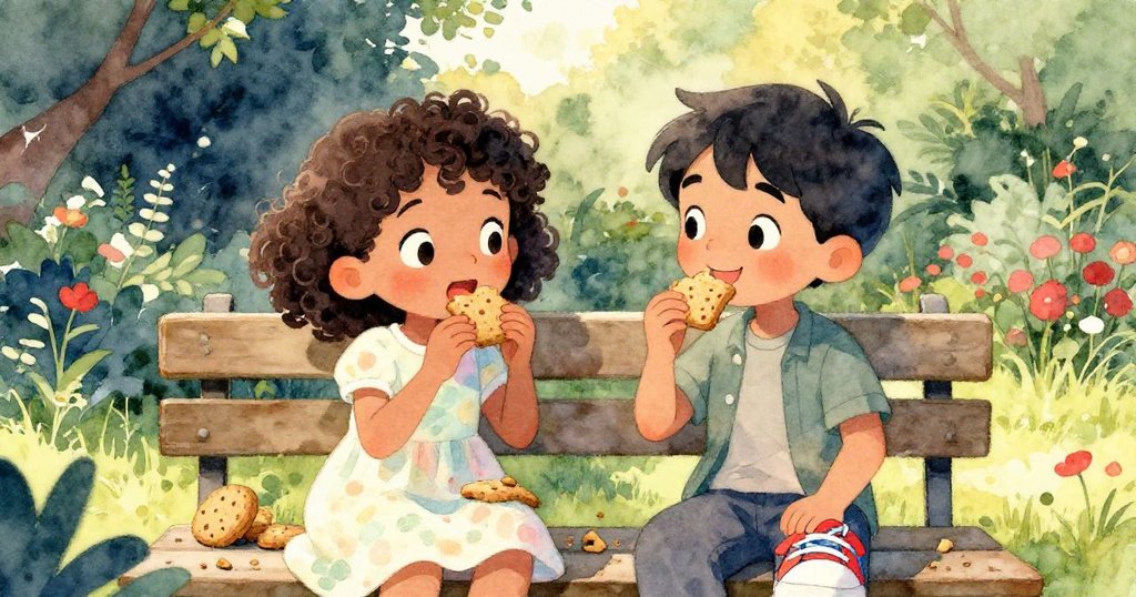 Mia和Leo在花園長椅旁互動分享餅乾，溫暖笑容中傳遞友誼，餅乾碎屑飛舞詮釋故事成長與融洽。