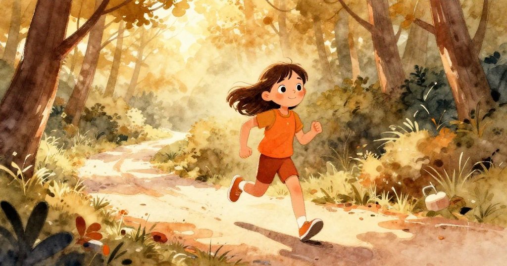 米婭在金色晨曦中於森林小徑上奔跑，面帶笑容迎接新一天，背景展現露水與柔和光影，情節剛開始充滿活力與期待