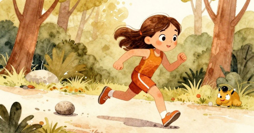 米婭在陽光灑落的小徑上奔跑，鞋步堅定，快跑者掠過留下模糊身影，小石滾動展開故事新篇章