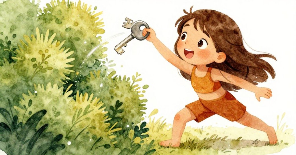米婭口袋中的鑰匙滑落並朝綠意盎然的灌木移動，近距離細節展現鑰匙閃爍光芒，暗示展開新冒險