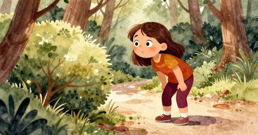 米婭停下奔跑好奇低頭查看灌木，陽光在葉間跳躍映出神秘光影，表情充滿探索與驚奇