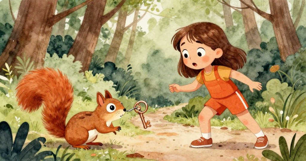 米婭驚喜地看著一隻靈巧松鼠推動閃亮的鑰匙，臉上展露探索與愉悅情感，互動溫馨動人