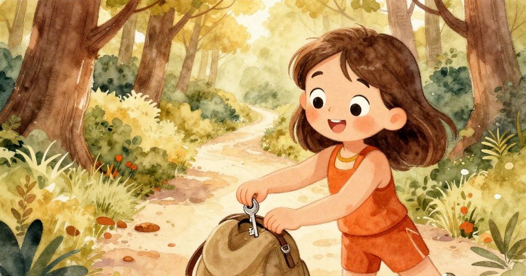 米婭滿懷喜悅輕拾閃亮鑰匙並放入背包，溫暖光線下的幽靜小徑見證探索成功，故事以平和心情落幕