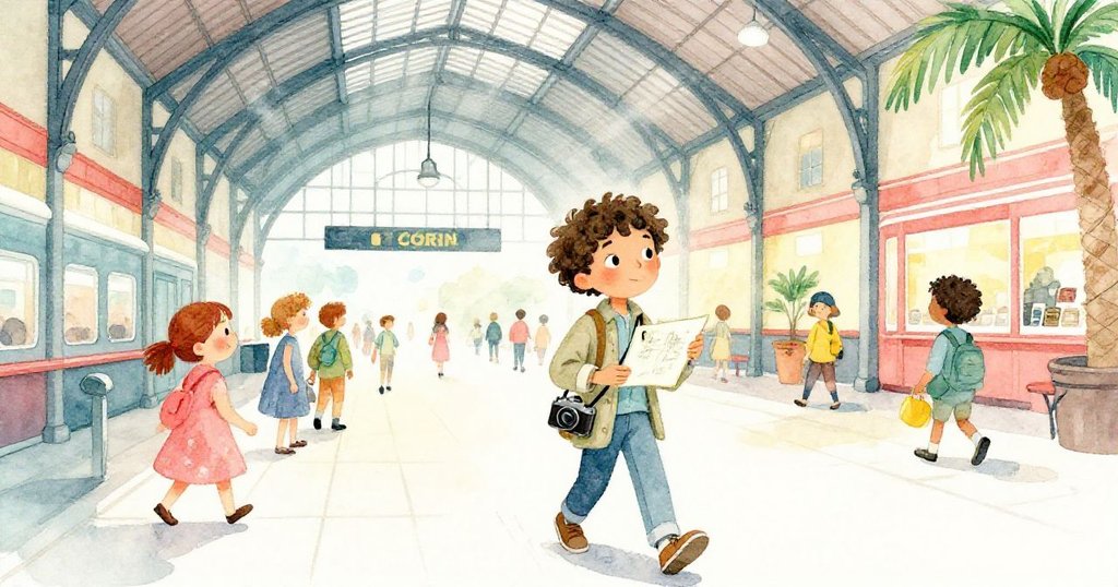 科林在熙攘火車站中穿行,手握素描本探索蒸汽瀰漫且拱形的大廳,展現出好奇與緊張情緒。