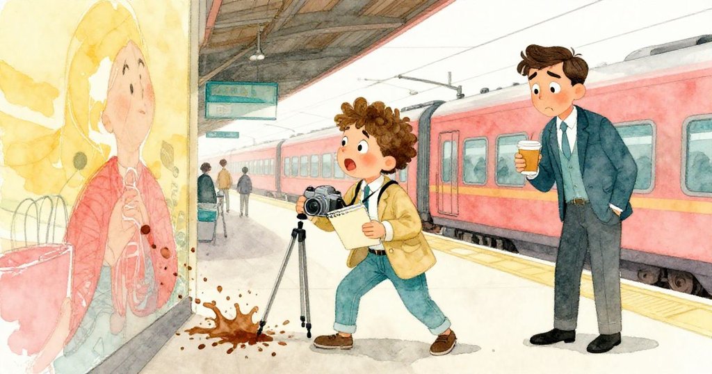 辦公室女士持紙杯不慎擊發咖啡濺向牆面,科林驚訝地調整三腳架,現場充滿動感與意外驚喜。