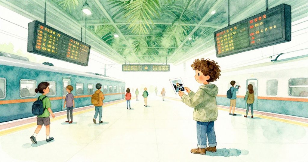 科林步出車站外平台,低頭檢視相片,發車板閃爍光芒,通勤族穿梭其中,氛圍明亮溫暖。