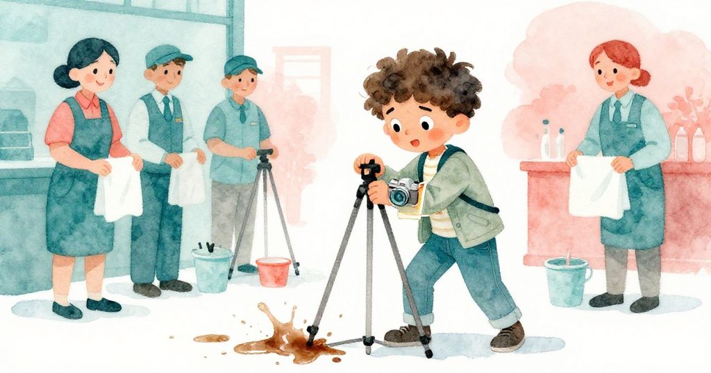 科林專注穩定三腳架,臉上堅定神情,旁邊清潔人員正準備迅速處理濺出的咖啡,場面充滿張力。