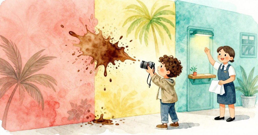 科林捕捉牆上咖啡點滴創造的新藝術,色彩交融展現歷史與更新,餘韻悠長,充滿詩意。