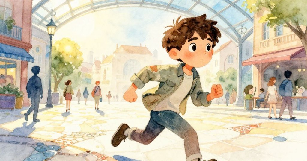 米洛在明亮的河畔廣場上急速奔跑，剪影映襯著現代玻璃屋頂與彩色馬賽克路面，充滿堅毅與活力