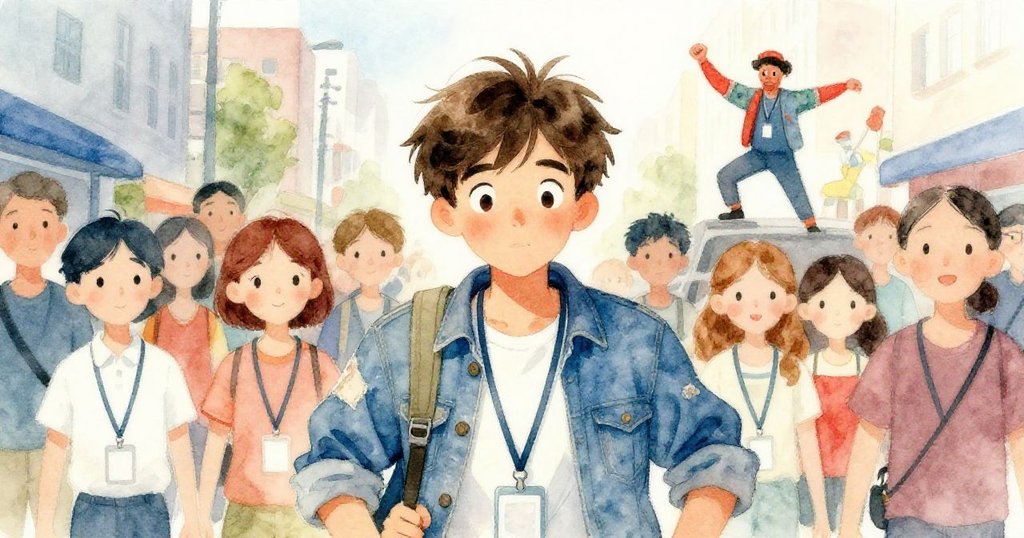 米洛在繁忙的人群中巧妙躲藏，與穿著統一識別證的群眾互動，背景中街頭藝人揮動明亮棍子點綴都市熱鬧氛圍