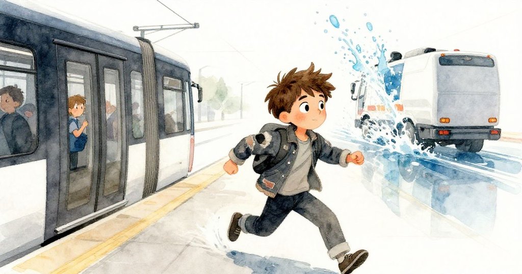 米洛在電車月台緊急衝刺，趕上即將關閉的車門，地面濺起水花，現代都市場景展現戲劇與機緣