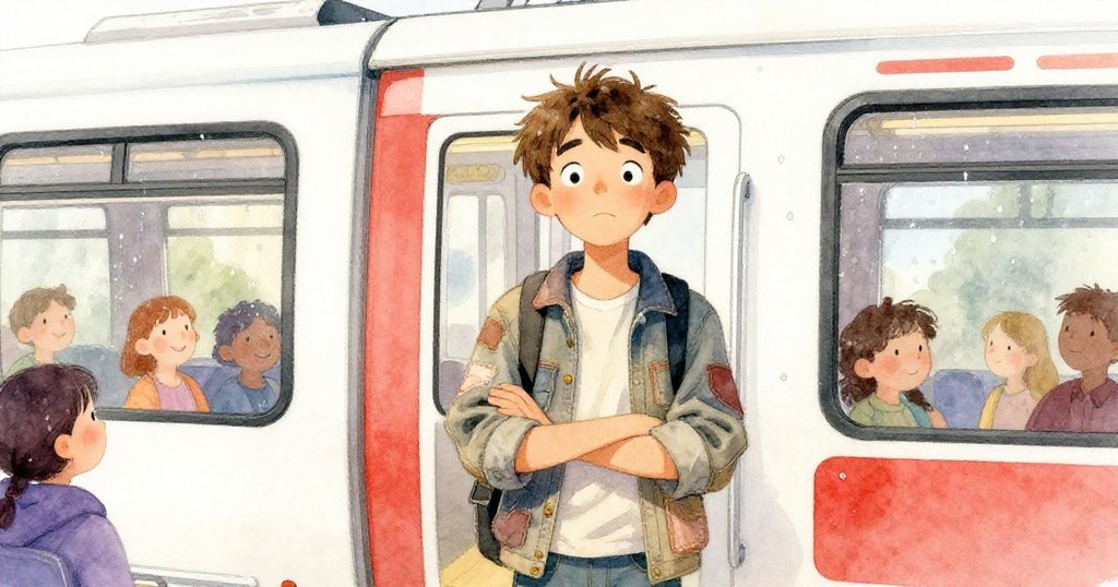 米洛於車廂內安心登車，乘客皆以微笑互望，窗上水滴映出都市溫馨時刻，畫面流露出化險為慶的情緒