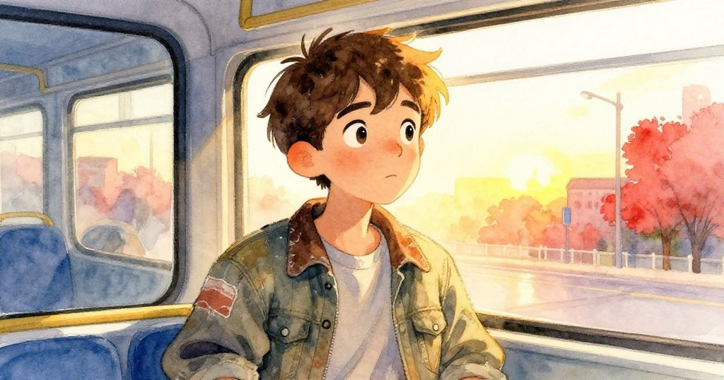 米洛於黃昏車廂中靜思，通過窗外觀賞日落光暈與擺動的修補夾克，透露出滿足與溫馨反思的都市餘韻