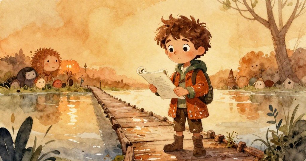 Rowan 踏上濕潤的橋板，手捲畫本，環境空曠，心中充滿期待與決心。