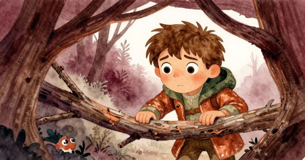 透過樹枝縫隙觀察，Rowan表情專注，注視著扭曲木樁，橋上氣氛緊張。