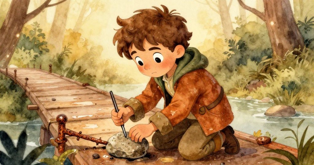 Rowan 跪在潮濕橋面，用石撬出鏽釘，動作專注勇敢，細節顯現危機。