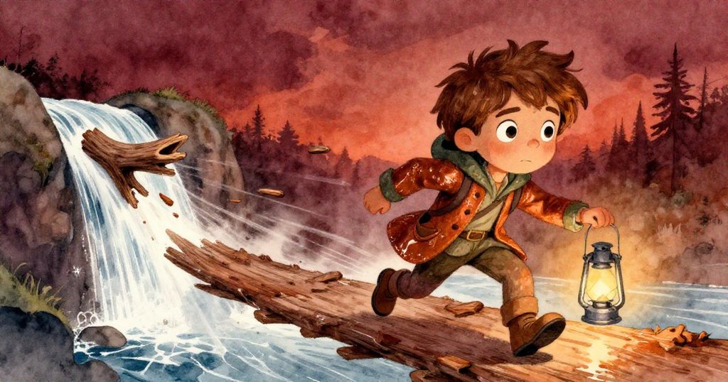 迅速動作中，趕走木堆與水浪，Rowan展現急迫與解救勇氣，橋面充滿動感。