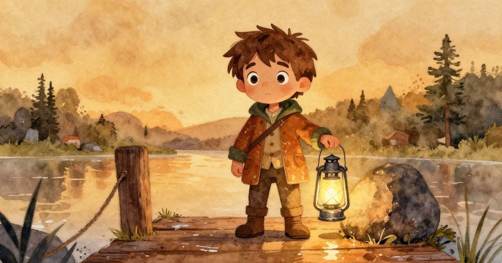 Rowan 手持小燈籠，滿臉輕鬆微笑，站在平靜橋上，夕暮中迎接新希望。