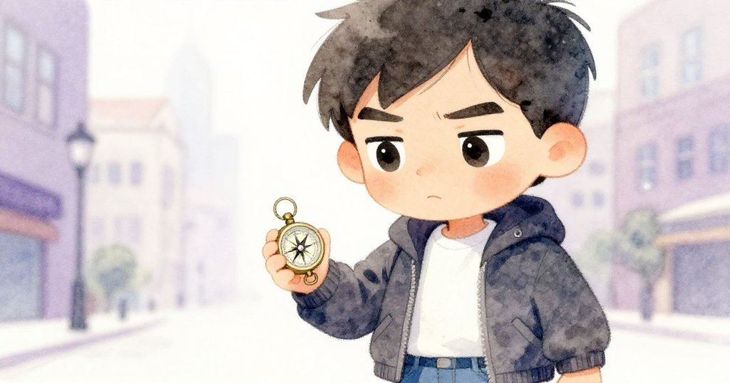 Caleb凝視手中微顫的指南針，眼神堅毅流露決心與疑惑，細緻刻畫臉部情感。