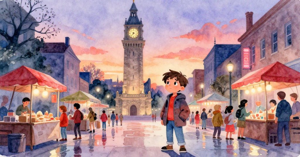 Caleb急步前行於雨後市場，背景鐘樓染上夕陽刷銅光澤，雨水倒影與霓虹點綴豐富層次。