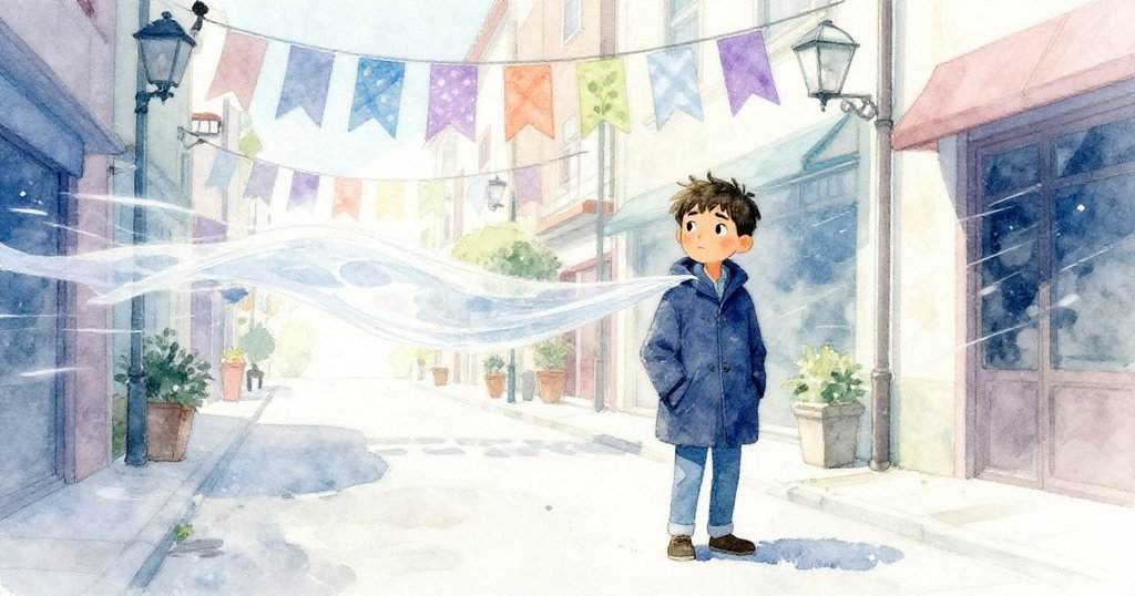 Caleb在迴廊中尋找庇護，飄舞橫幅與輕紗線飄蕩，動感中流露溫柔避風之意。