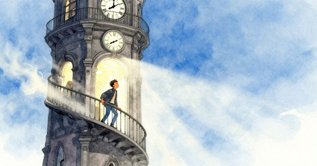 Caleb在鐘樓內螺旋樓梯上攀爬，昏暗燈光與塵埃環繞，展現堅毅與動態張力。