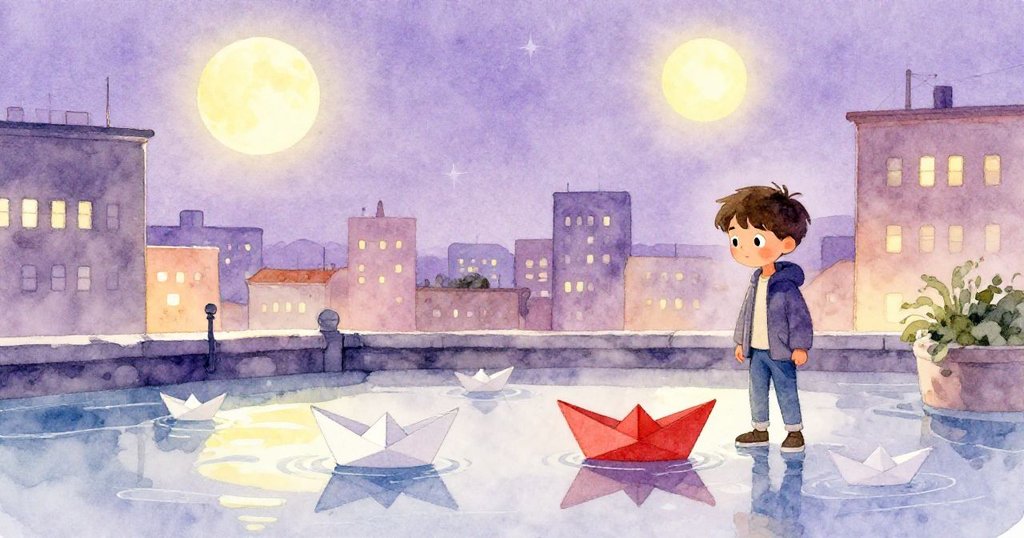 Caleb與綠衣女孩在月光下鐘樓屋頂互動，紙船輕漂雨水中，兩人表情充滿驚喜與溫馨神秘。