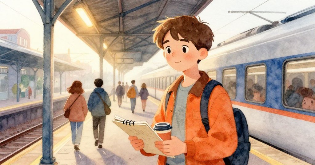 早晨柔和光線中,Evan在月台上平衡畫稿與咖啡杯,鋼結構與行人若隱若現,故事開啟。