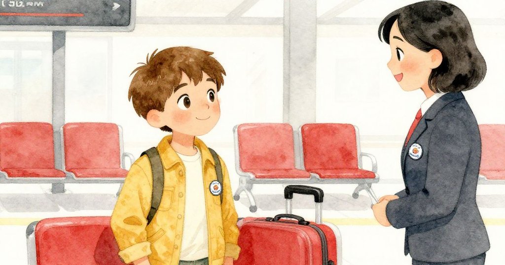 Evan與女性招聘者在車站候車室內互動,招聘者輕觸徽章與行李箱,情節進入親切對話。