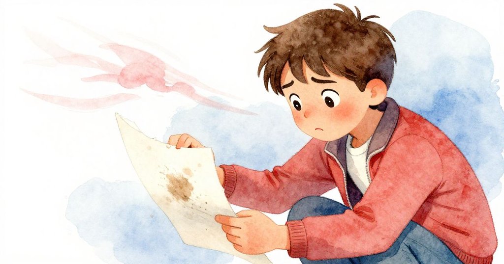 Evan蹲下急救被咖啡染污撕裂的畫紙,風吹起紙張邊角,表情緊張,進入故事高潮。