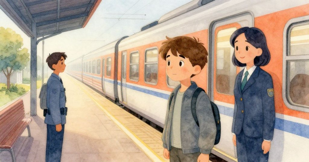 晨光中,Evan平靜登上火車,平台燈光逐漸熄滅,招聘者與行人遠去,故事迎向溫馨結局。