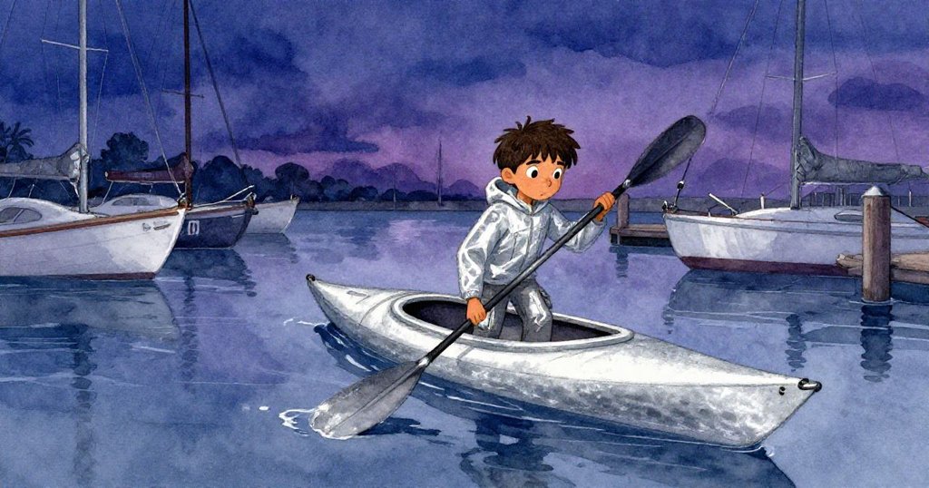 在清晨水邊，Miro正將細長獨木舟下水， Marina中光影交錯曲折，展現急迫與神秘情緒