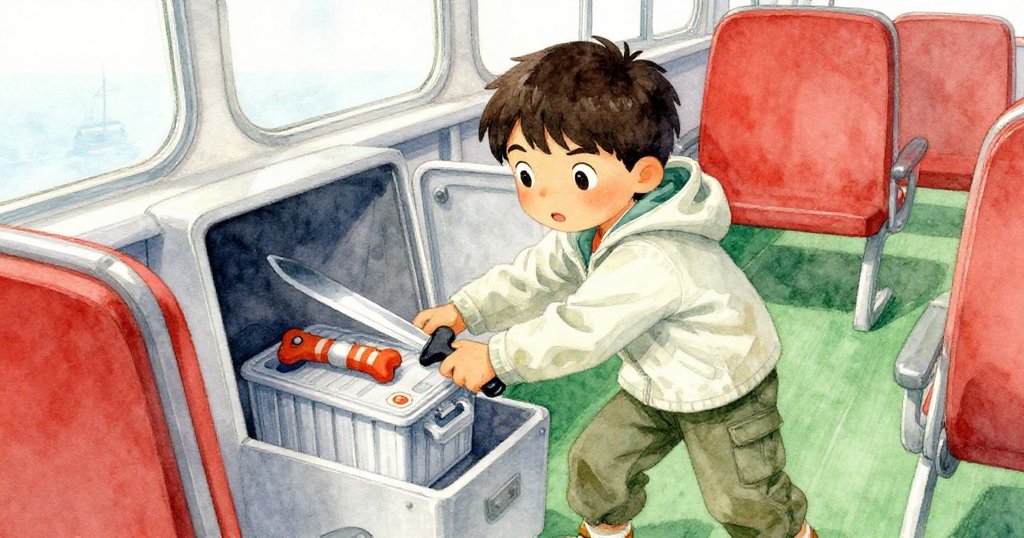 在渡輪甲板上，Miro緊急取出藏於座下的急救刀，背景有閃爍攝影機，情緒急切生動