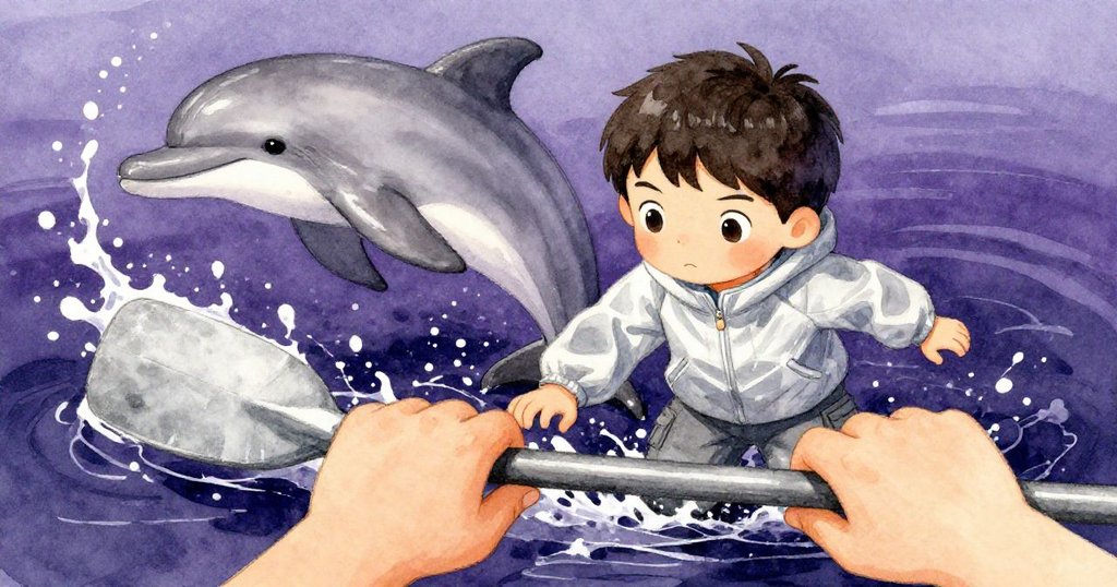 以Miro視角展示橡木舟傾斜，水花翻湧中，手忙腳亂抓取飄零槳，意外驚喜與混亂交織