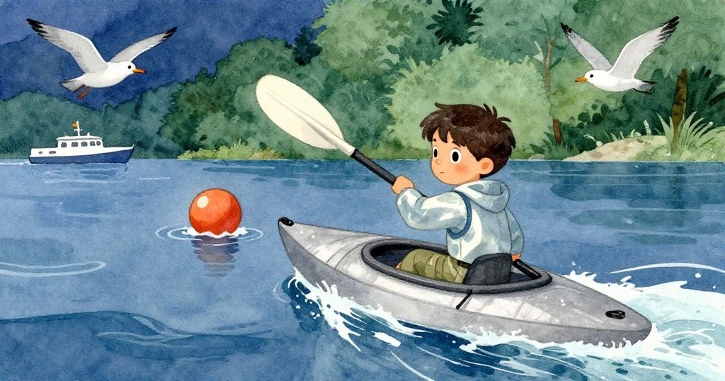 在開闊海面上，Miro奮力划向橘色浮標，水波蕩漾中海鷗盤旋，緊張而充滿決心