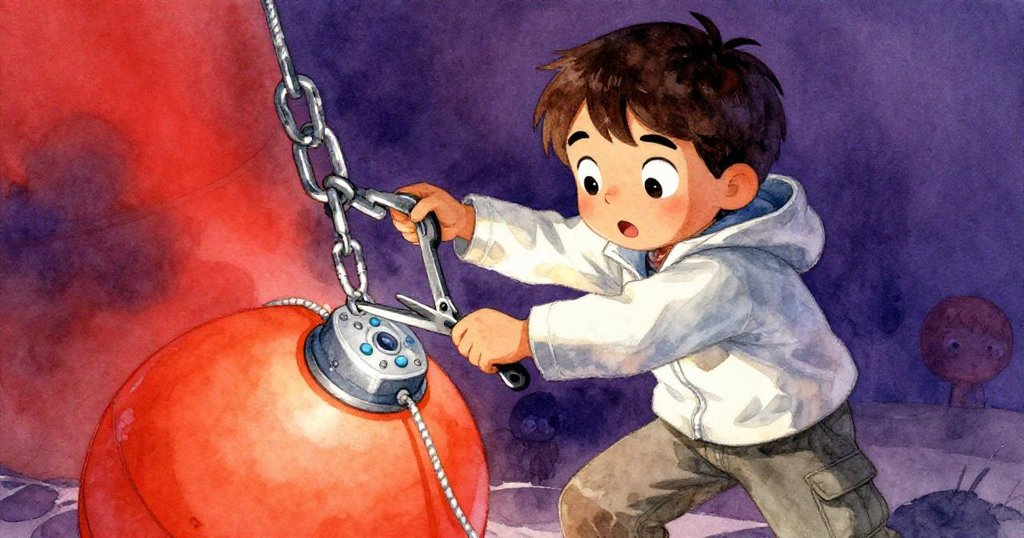 Miro神情驚訝中展現決心，穩定獨木舟時迅速扣上備用扣環，並固定感測器陣列，情緒緊張激昂