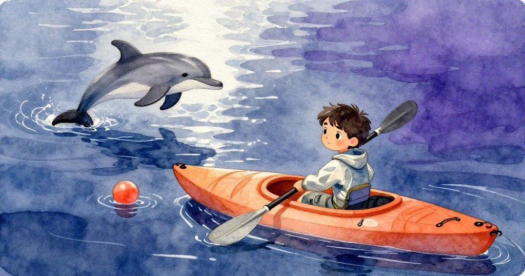 在平靜海面上，Miro的小舟靜靠浮標，水光閃爍中海豚緩緩游離，象徵風浪後的平和結局