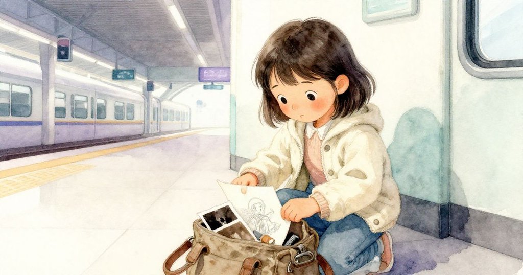 莉拉輕打開包包，從中取出素描本、木炭筆和舊照片，背景隱現車站角落，散發溫柔光線。