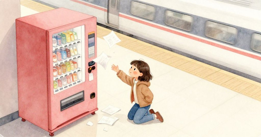 莉拉跪於販賣機旁，俯身拾取隨風紙張，神情專注，背景車站繁忙景象清晰呈現。