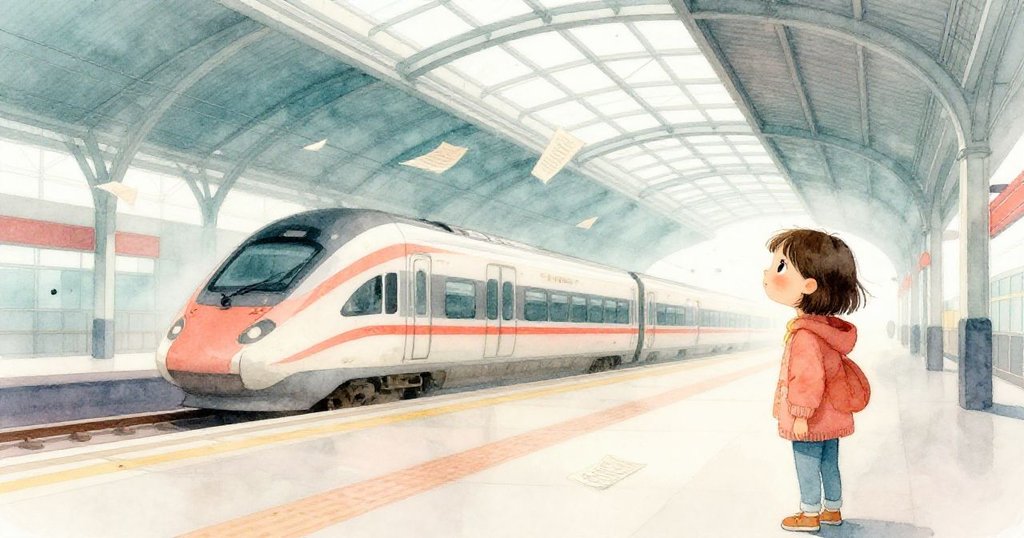 透過玻璃屋頂映出戶外風景，特快列車疾馳而過飛舞紙張，莉拉目光充滿驚奇，景象動感迷人。