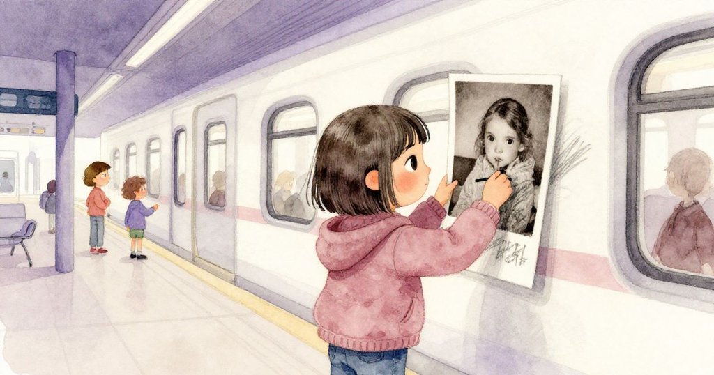 莉拉專注於素描本與古照片間的融合，手中木炭在紙上細膩勾勒，神情中流露出選擇與決定的瞬間。