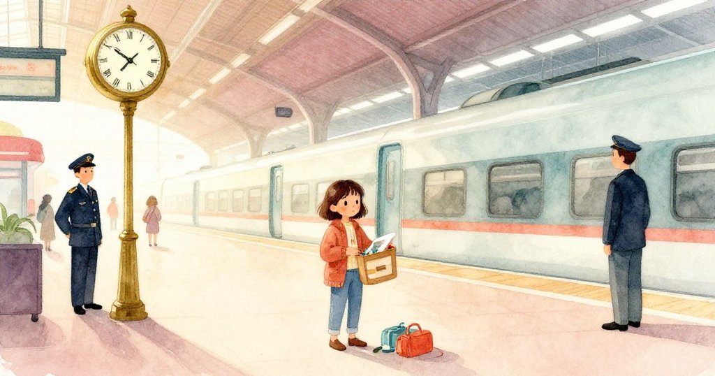 莉拉收拾藝術工具離開車站，古銅鐘和搬運工靜靜見證告別，溫暖晨光中散發著淡淡憂愁與回憶。