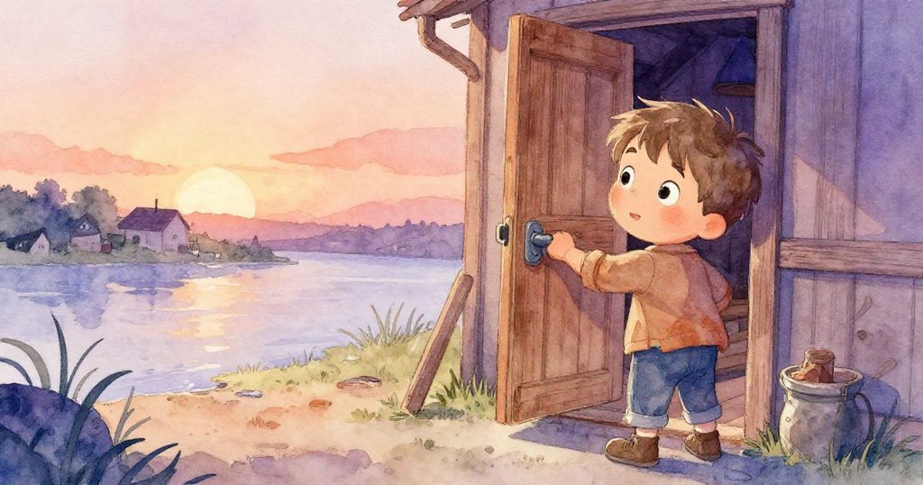 米羅在橙紅夕陽下興奮地打開河畔老工坊的大門，工坊前的環境因歷史感和自然光影而散發神秘氣息。