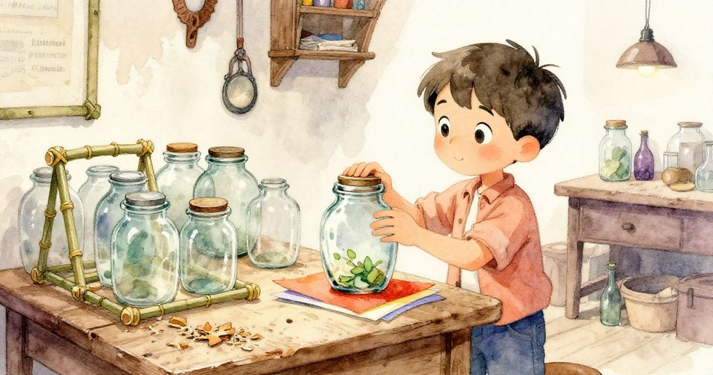 米羅在充滿歷史痕跡的工坊內仔細檢查桌上擺放的玻璃瓶、竹框和彩紙，背景散發溫暖與懷舊情感。