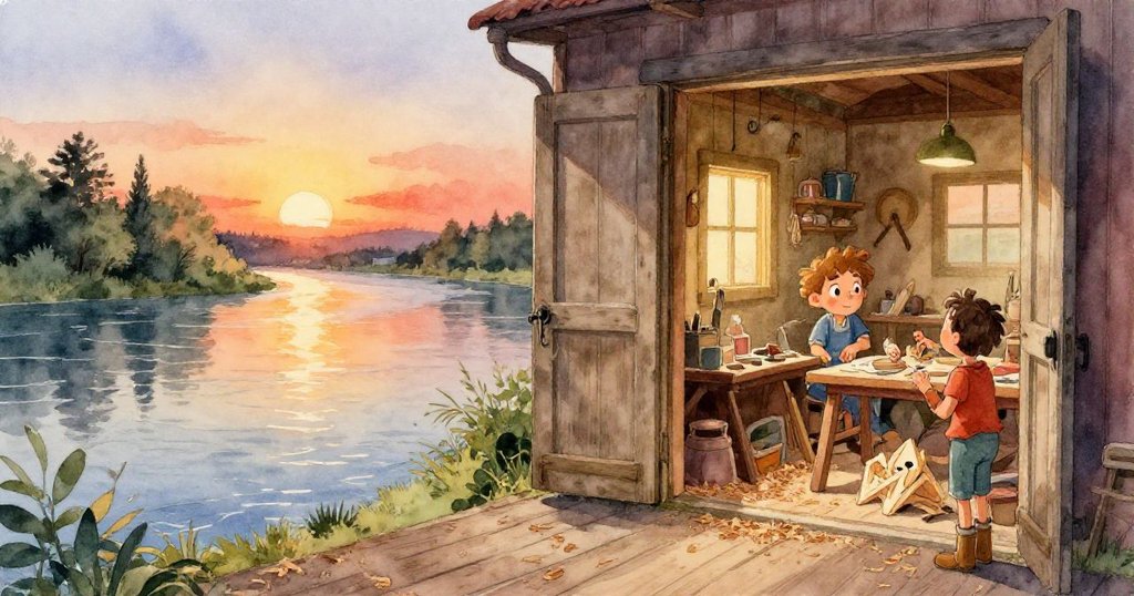 透過水面倒影，工坊外的河流中映出柔和燈籠光芒，夢幻水紋融合自然景色，展現童話般迷離感。