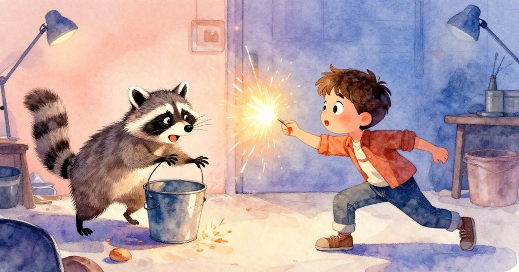 浣熊意外翻倒桶子引發火花，米羅急忙捕捉火炬吹熄火星，緊張氣氛中展示動態因果互動。