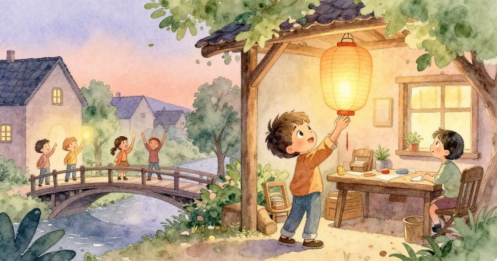 米羅重新固定並點燃燈籠，溫暖光芒照亮工坊與夜橋，鄰居們驚喜凝望，結尾充滿希望與寧靜。
